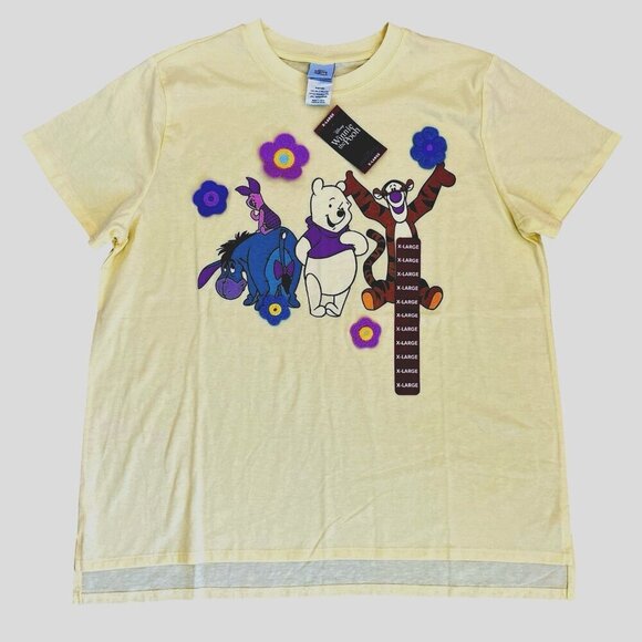 Disney Winnie The Pooh and Friends Crochet Flowers T-Shirt XL Light Yellow NWT - Picture 1 of 13